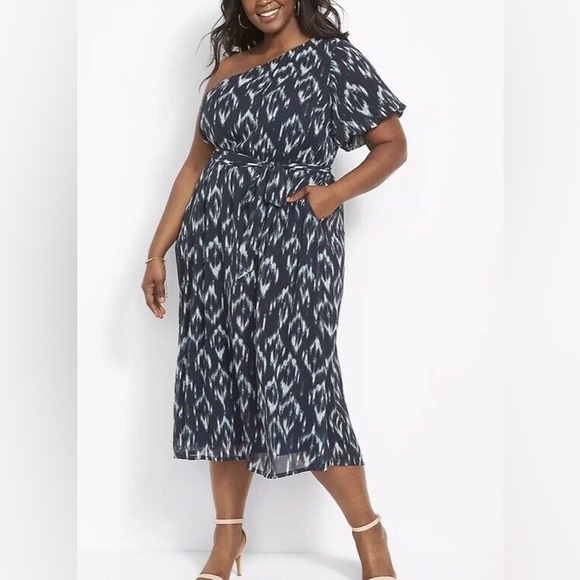 Lane Bryant Dresses & Skirts - LANE BRYANT NWT One-Shoulder Blue Bubble-Sleeve Ikat Print Midi Dress Sz 28 $110